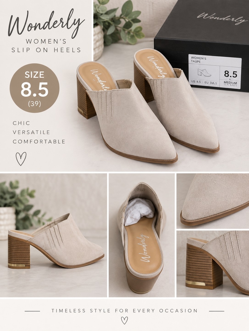 New wonderly Women's 8.5 taupe slip on heels #33